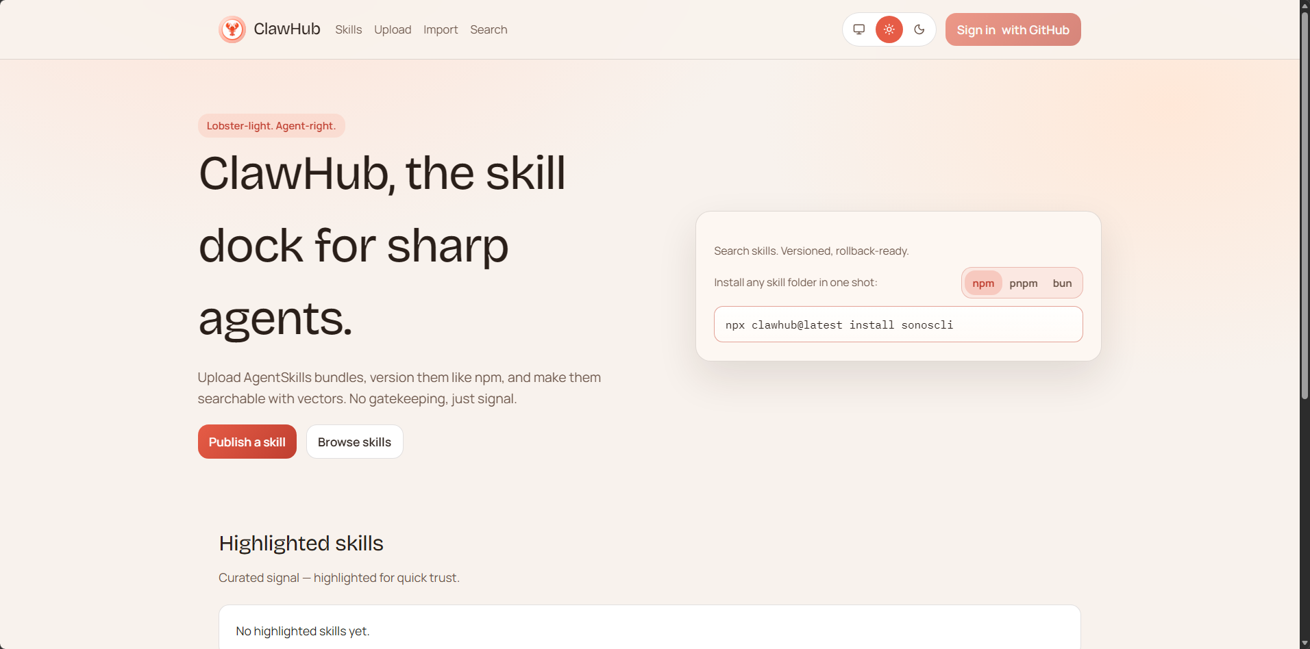 ClawHub website homepage